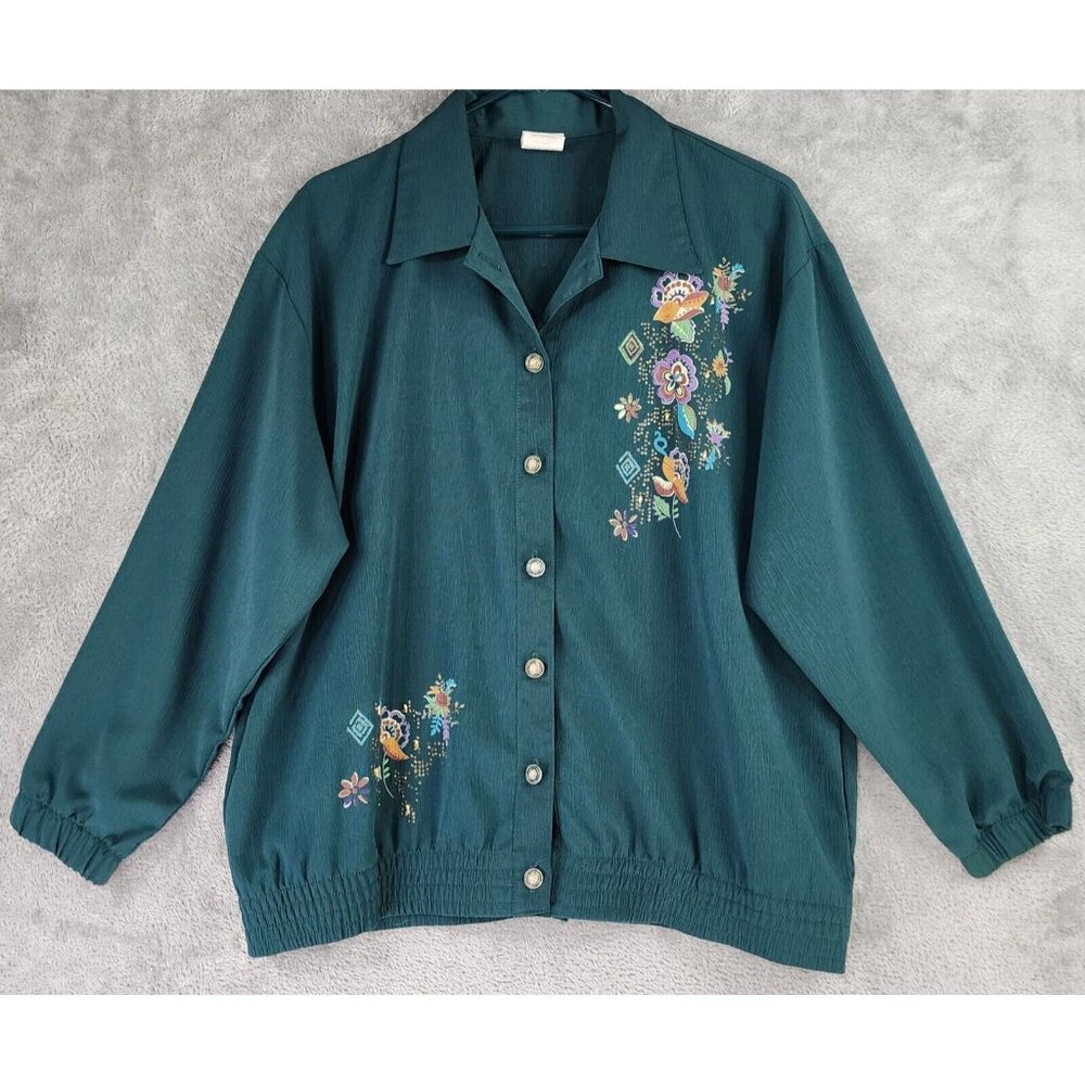 GW Jacket Womens Medium Petite Green Floral Button Up Vintage Bomber Made In USA - Picture 1 of 12